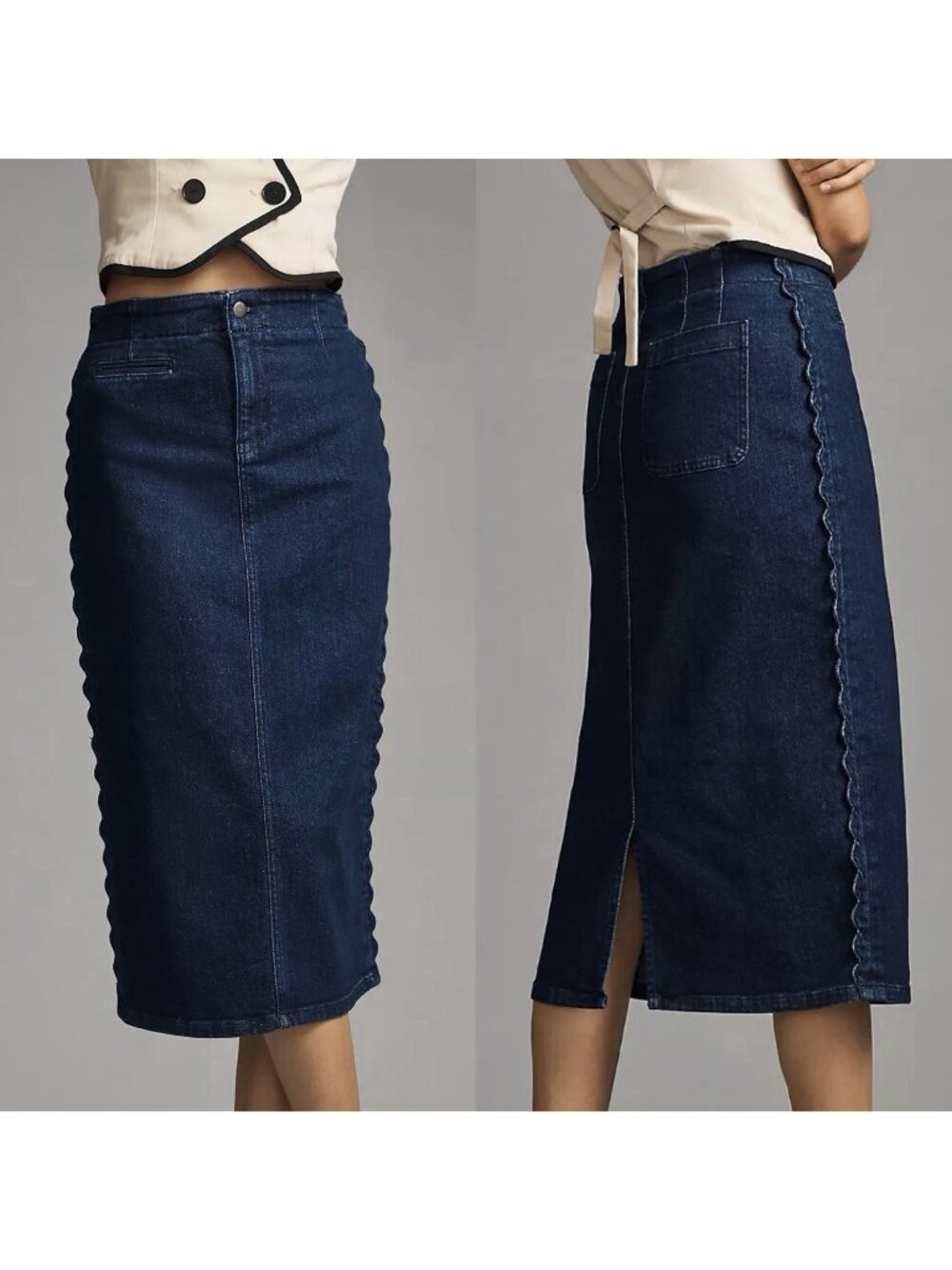 Maeve Anthropologie Wavy Scalloped Denim Jean Midi Skirt Dark Blue Womenβs US 2